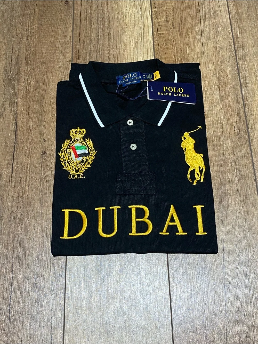 Ralph Lauren Polo Black and Gold Dubai Quarter Button Up Polo Shirt Brand New
